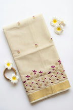 Kerala kasavu saree with gold zari and embroidery