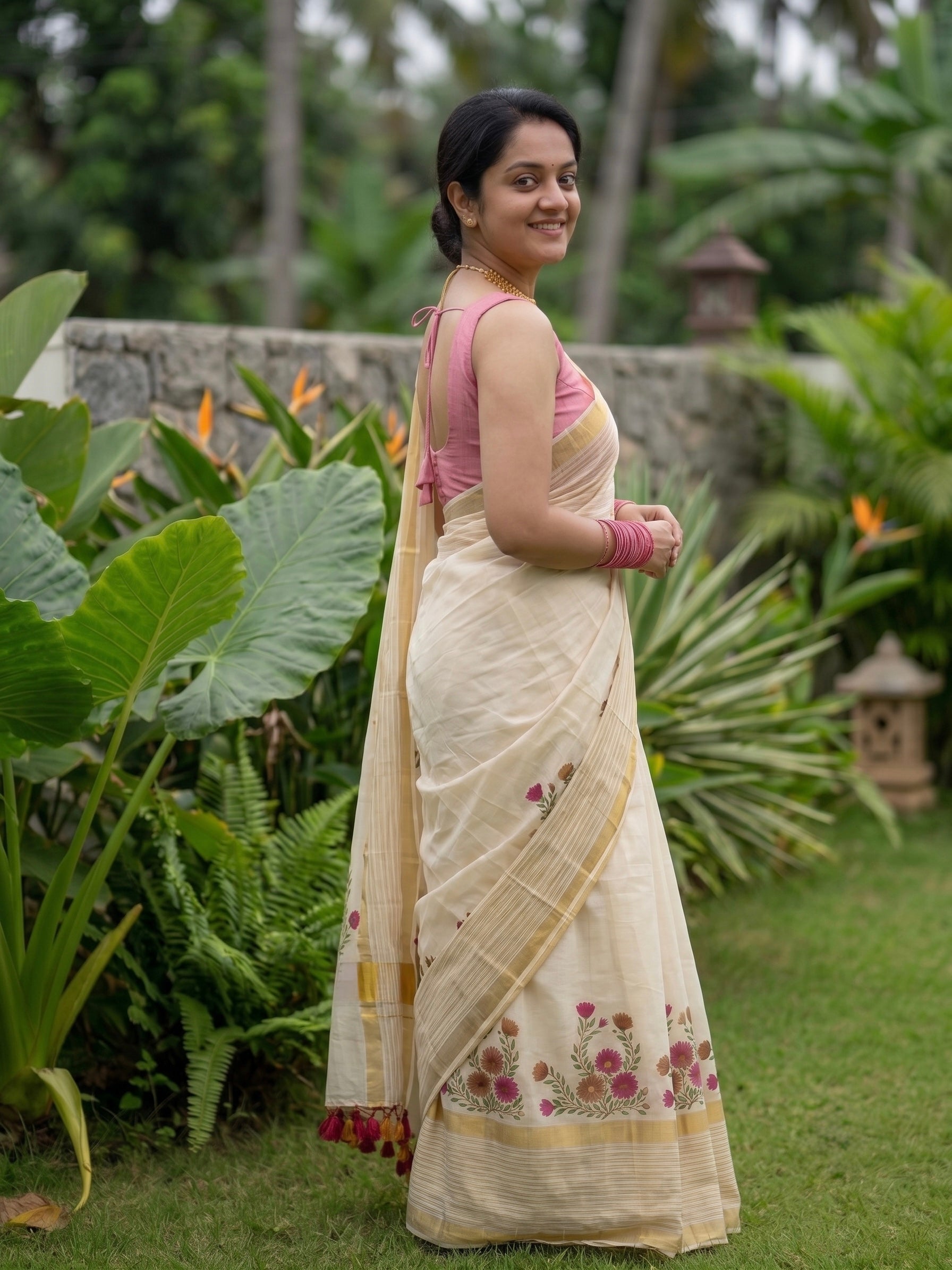 Kerala kasavu saree with handpainted floral bouquet design