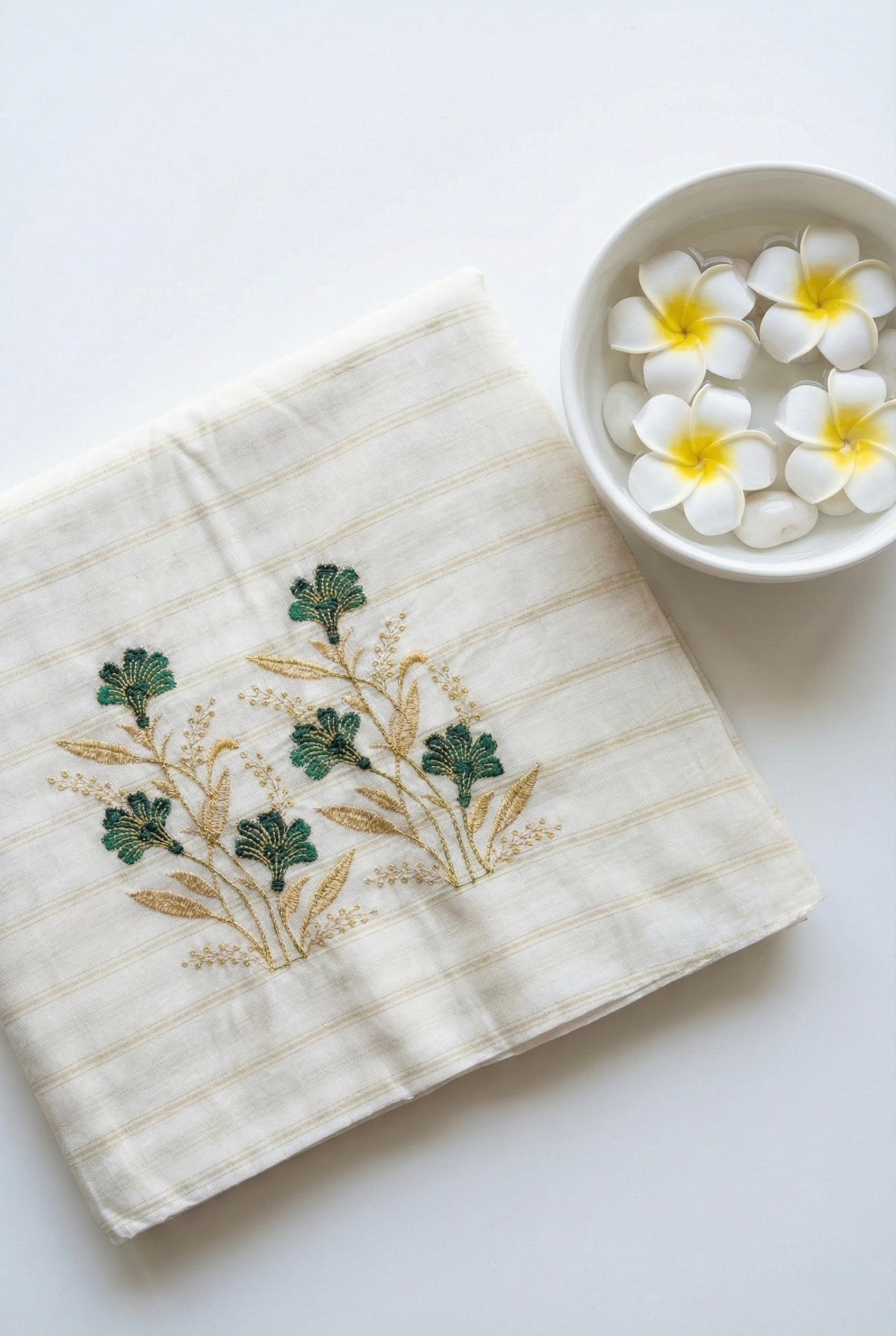 Kerala saree in gold stripes and thread floral embroidery.