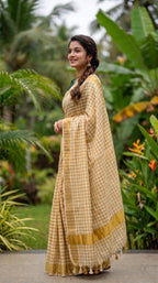 Kerala kasavu saree in gold checkered pattern