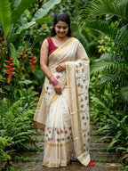 Kerala kasavu saree with handpainted floral design