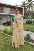 Padma-Kerala kasavu saree in tissue and lotus embroidery