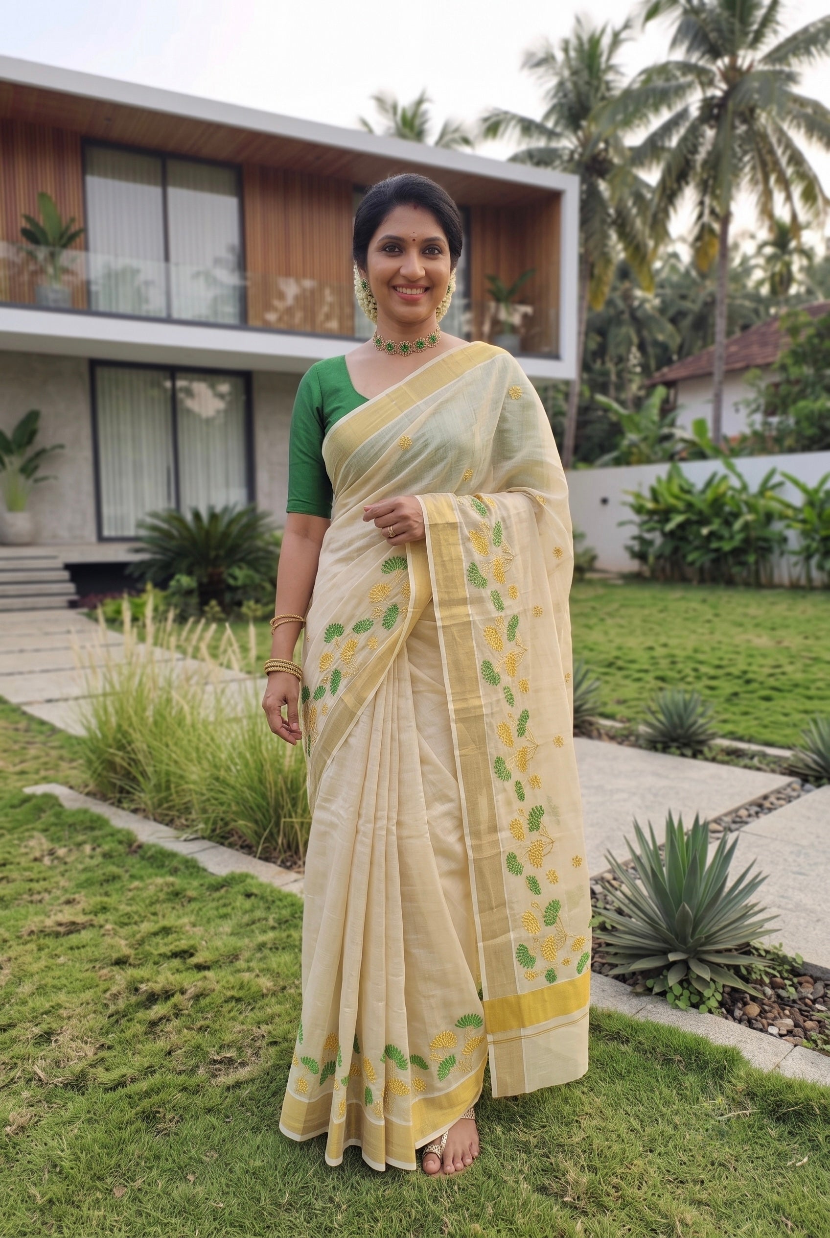 Padma-Kerala kasavu saree in tissue and lotus embroidery