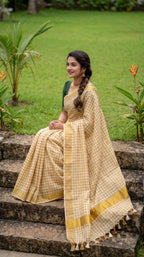 Kerala kasavu saree in gold checkered pattern