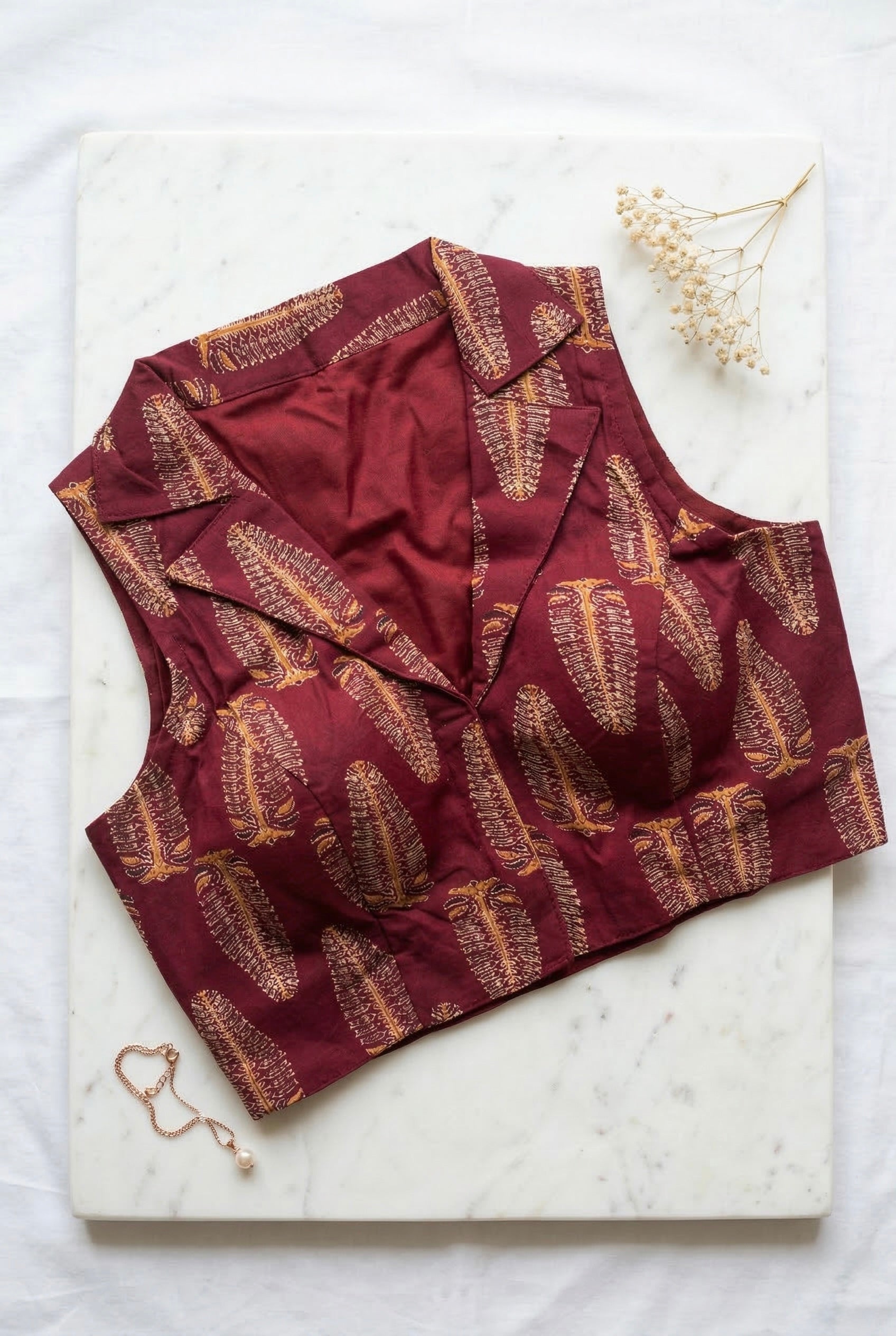 Ruhani - Ajrakh Cotton Sleeveless Notched Collared Padded Blouse