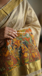 Kerala kasavu saree with mural print