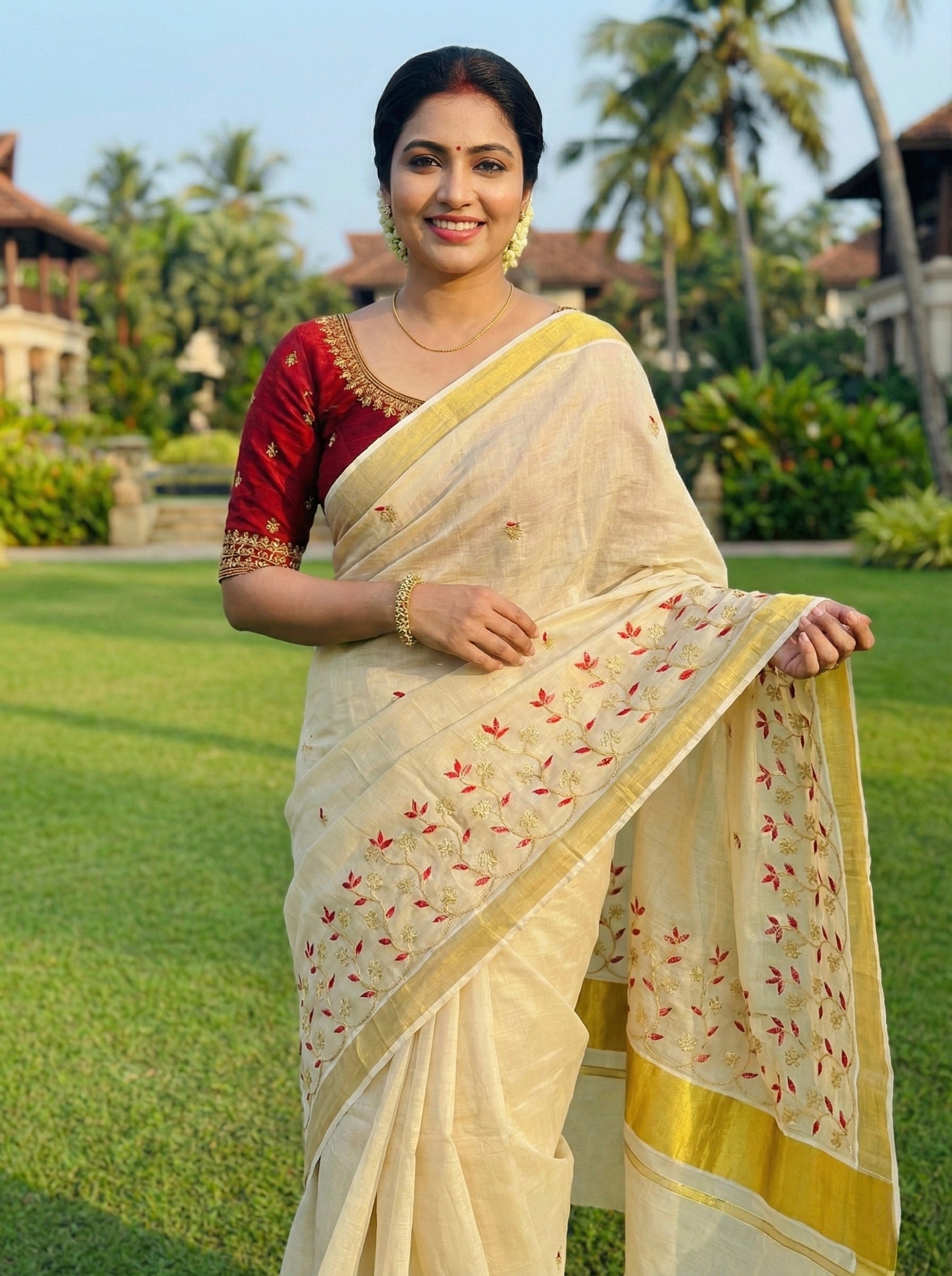 Kerala kasavu saree with gold zari and embroidery