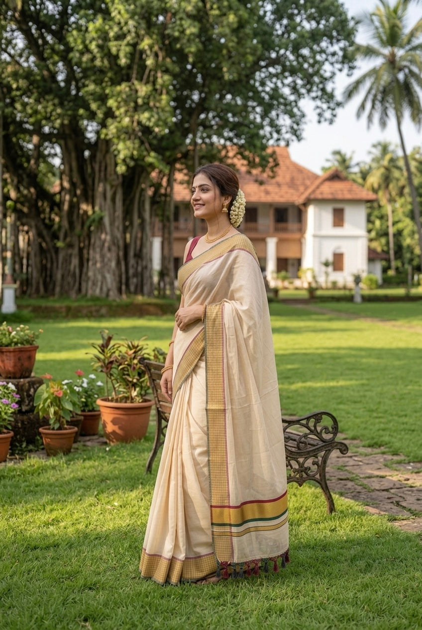 Kerala tissue saree with Checkered Border