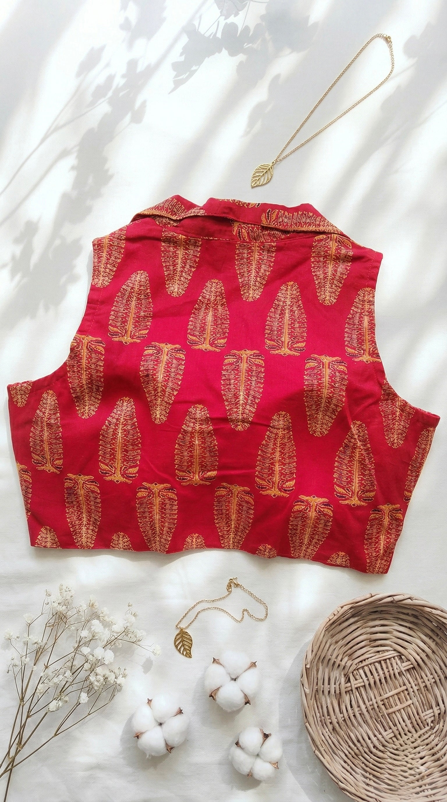Ajrakh Cotton Sleeveless Notched Collared Padded Blouse