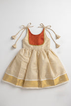 Manjadi- Gold& Red tissue ethnic frock with tie for girls
