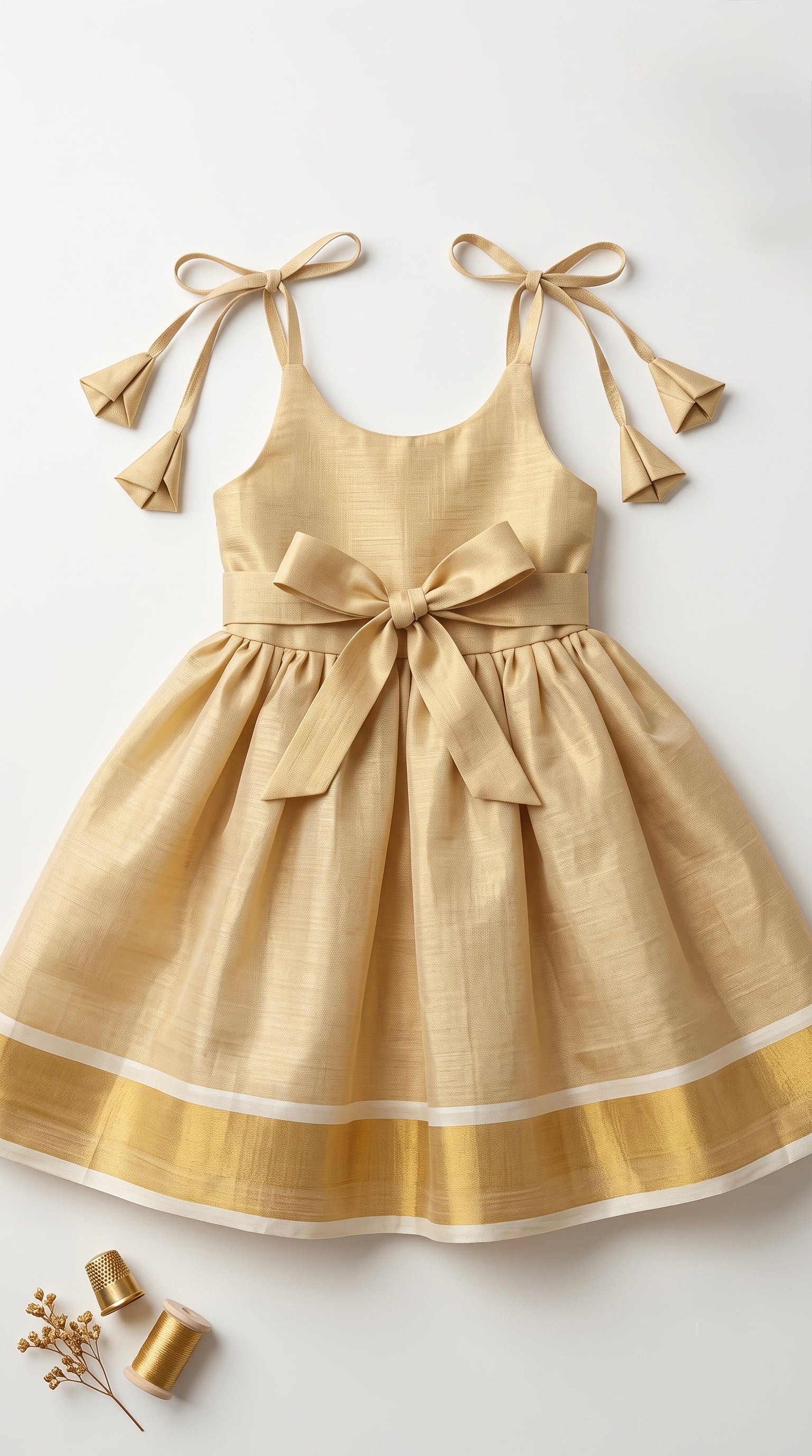 Manjadi- Gold& Red tissue ethnic frock with tie for girls