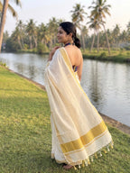 Vajram - Kerala kasavu saree in silver and gold micro checks pattern