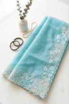 Ombre Organza saree with floral embroidery-Pastel Blue