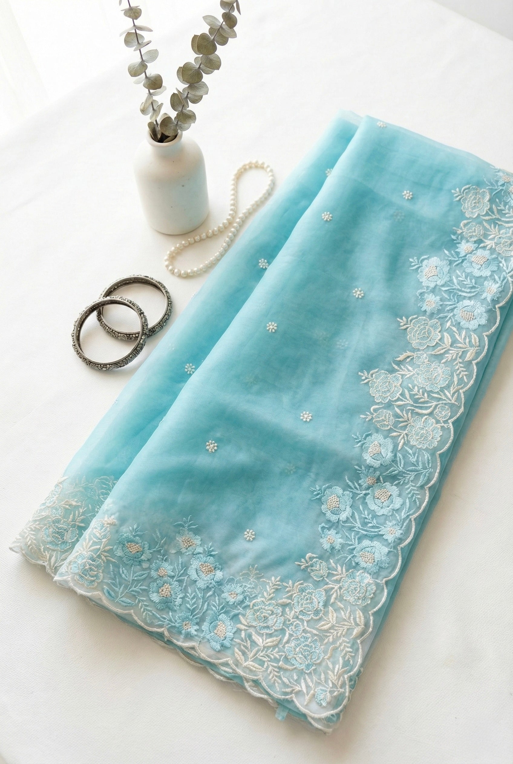 Ombre Organza saree with floral embroidery-Pastel Blue