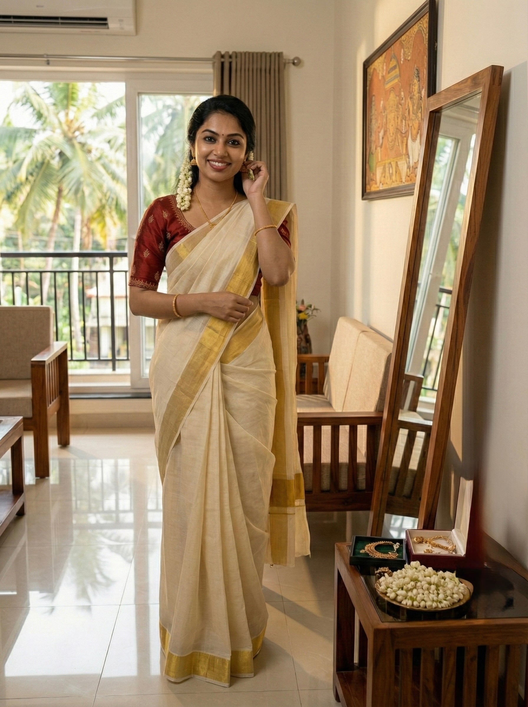 Kerala plain tissue saree with golden zari