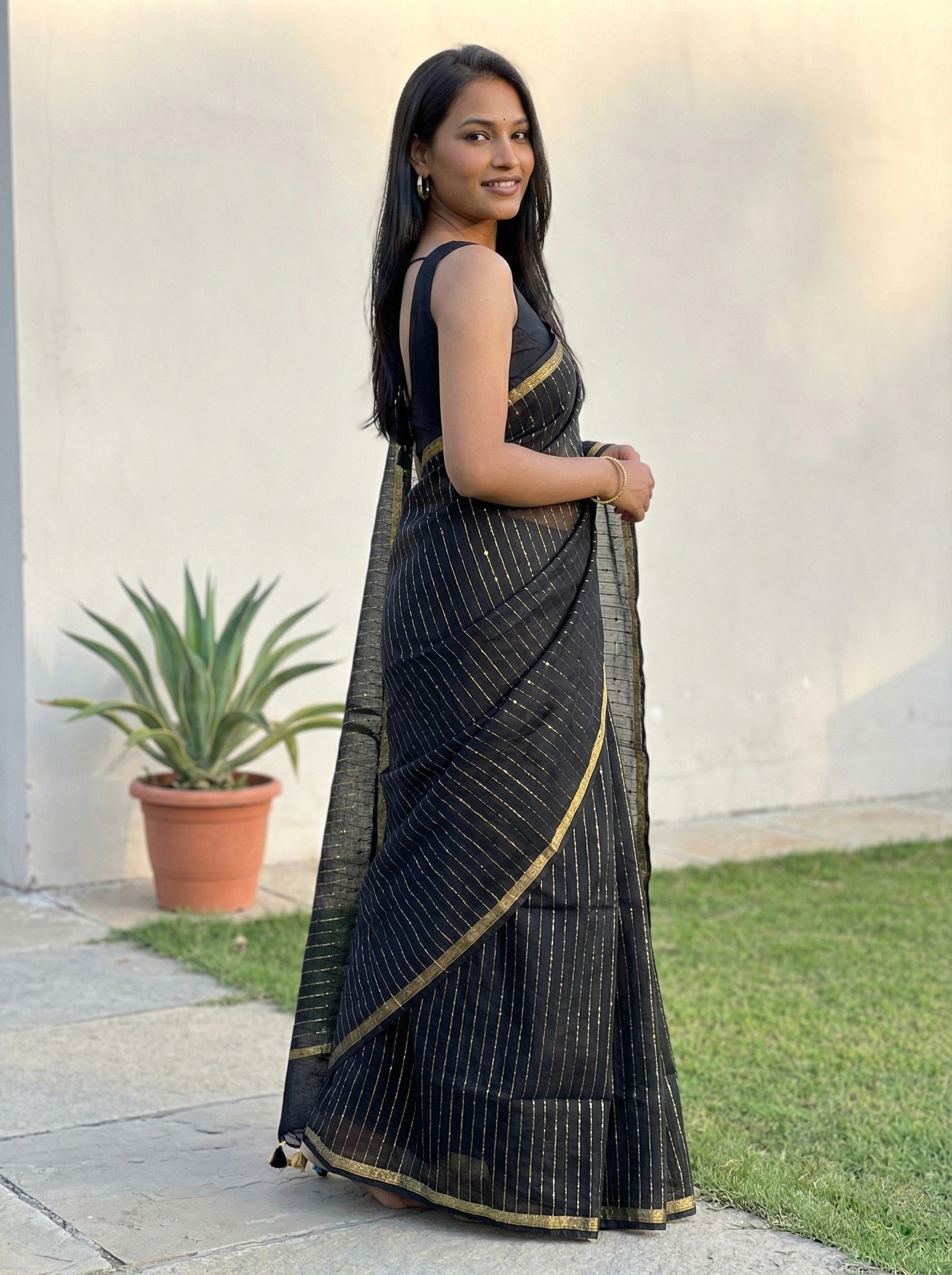 Cotton Silk Saree with gold zari stripes and Sequin pallu