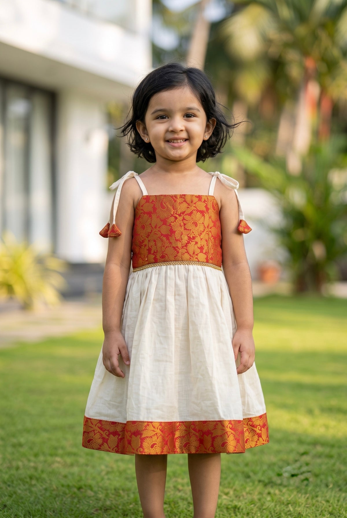 Roohi - Cotton and Brocade Red ethnic frock with tie for girls