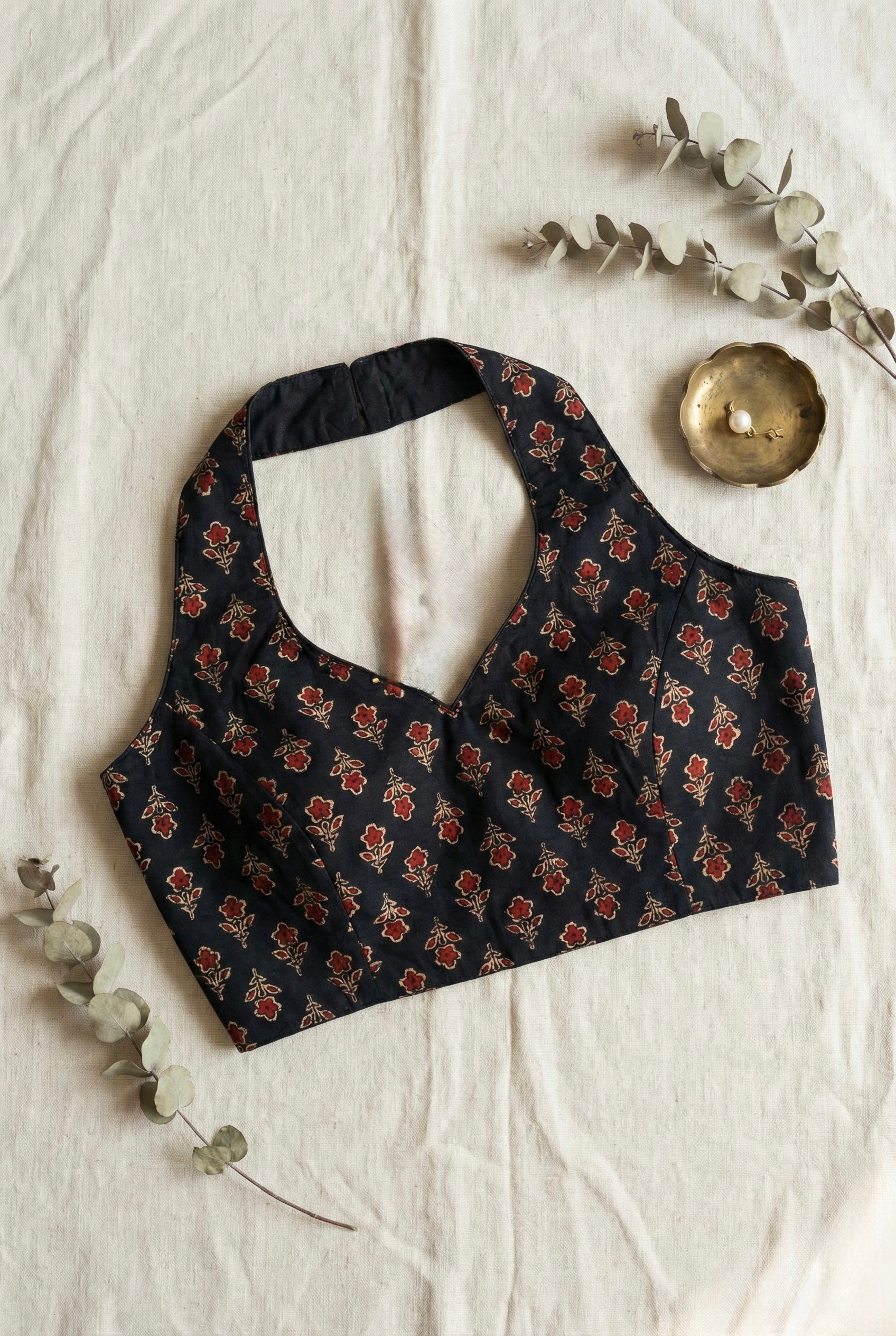 Ajrakh Cotton Halter neck Backless Padded Blouse