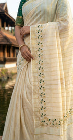 Kerala embroidered saree in gold stripes and thread work