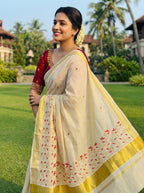 Kerala kasavu saree with gold zari and embroidery