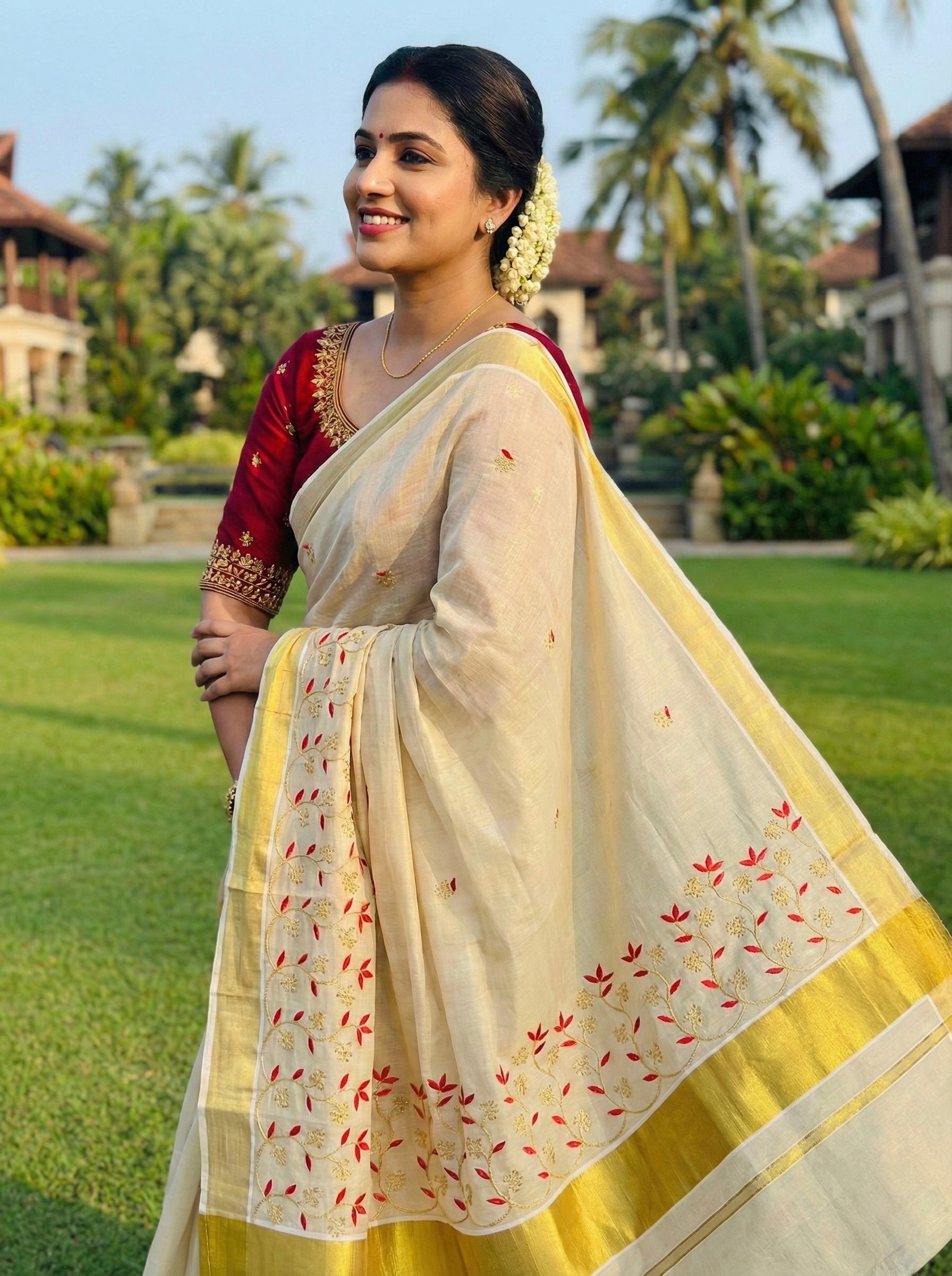 Kerala kasavu saree with gold zari and embroidery