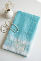 Ombre Organza saree with floral embroidery-Pastel Blue