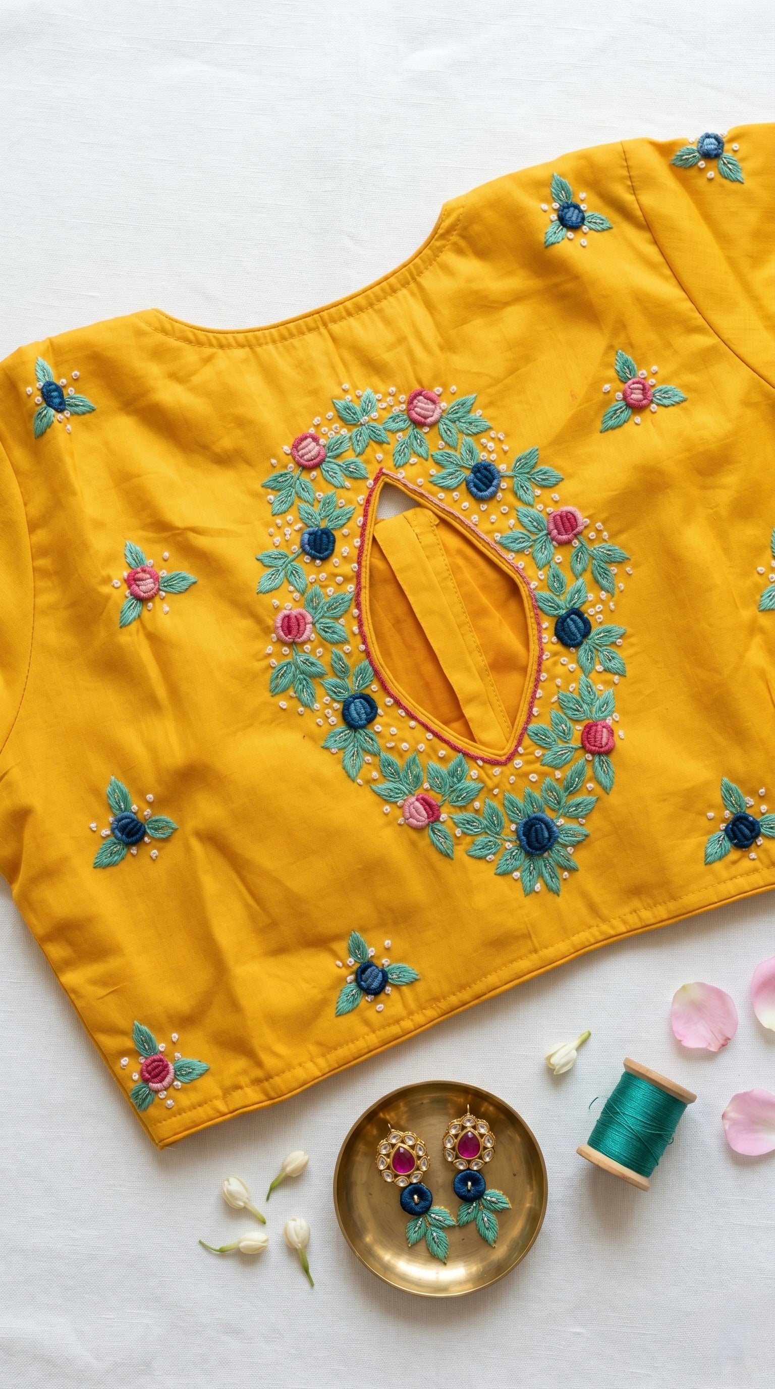 Bullion Embroidered Key Hole Design Half Sleeve Non padded Blouse