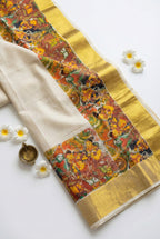 Kerala kasavu saree with mural print