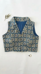 Meher - Teal blue ajrakh print notched collar blouse