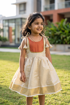Manjadi- Gold& Red tissue ethnic frock with tie for girls