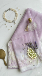 Ombre Organza saree with floral embroidery-Lavender