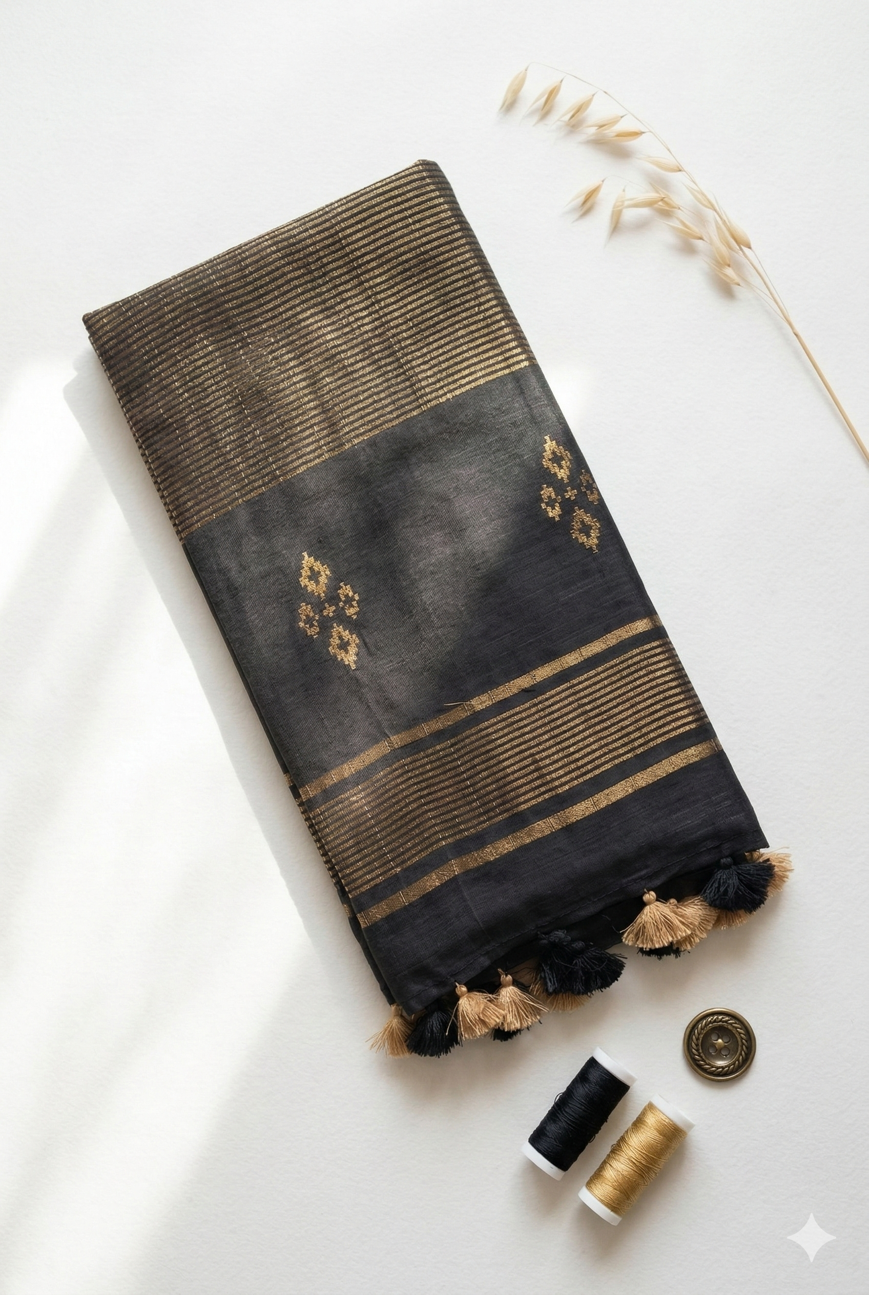 Black cotton Silk saree with gold zari motifs