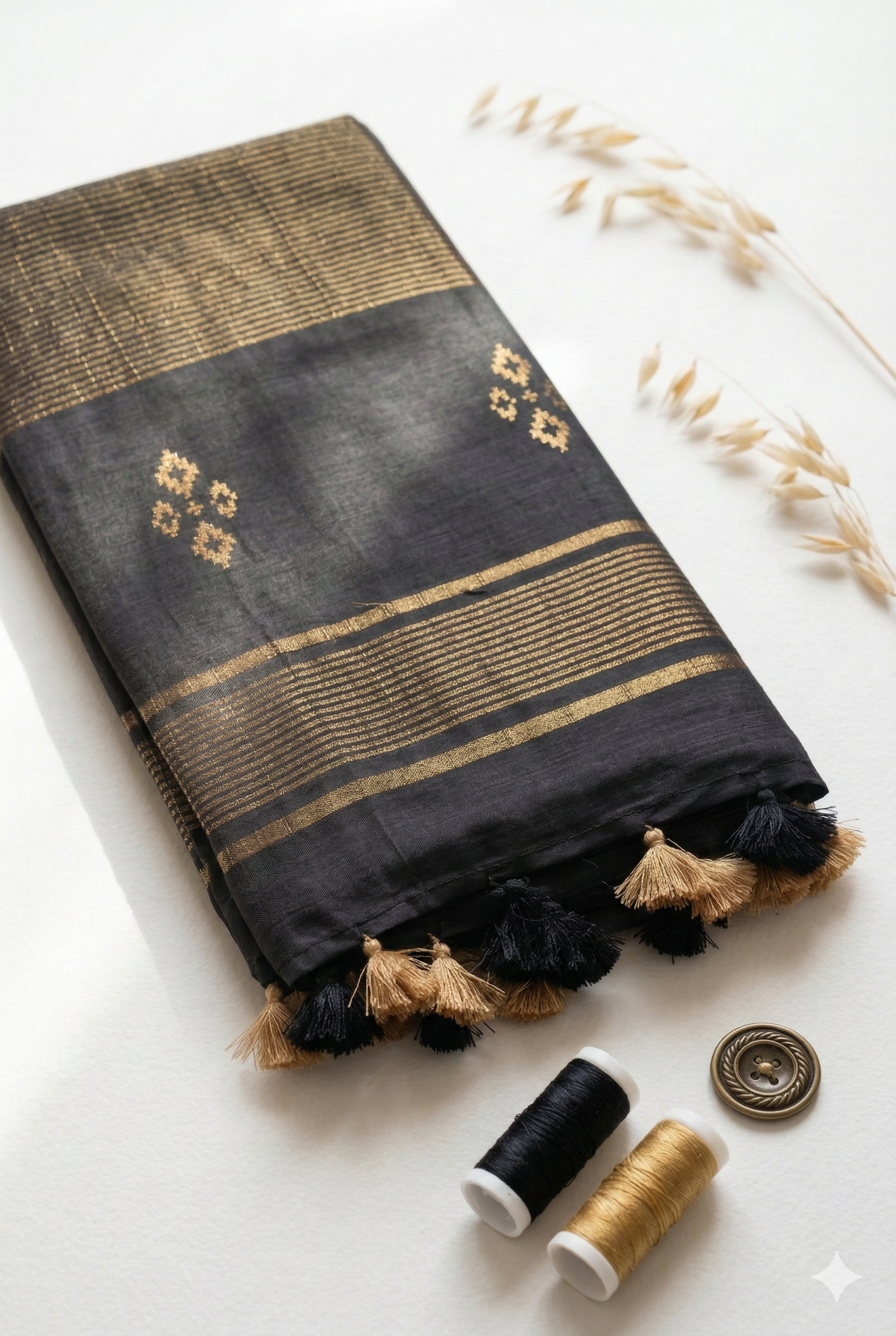 Black cotton Silk saree with gold zari motifs