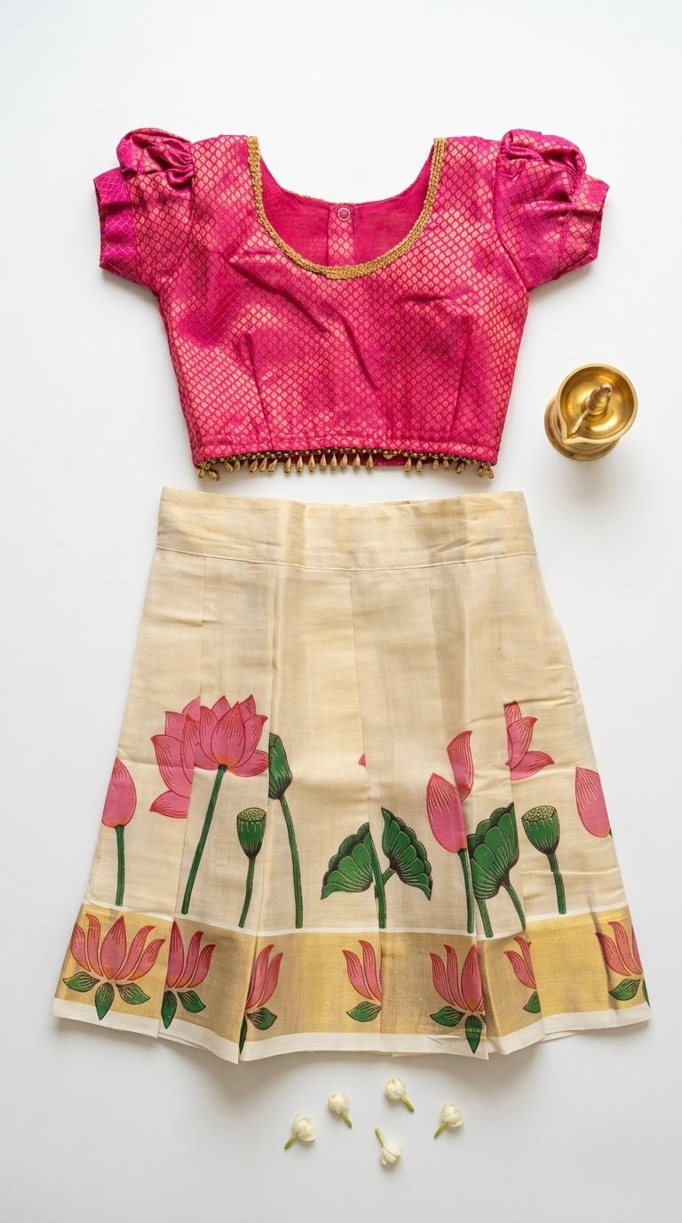 Tamara-Pink & light gold ethnic skirt and top for girls