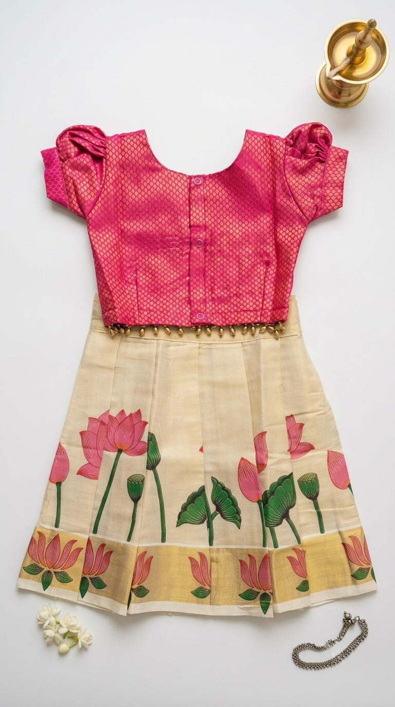 Tamara-Pink & light gold ethnic skirt and top for girls