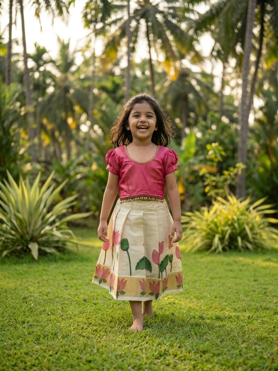 Tamara-Pink & light gold ethnic skirt and top for girls