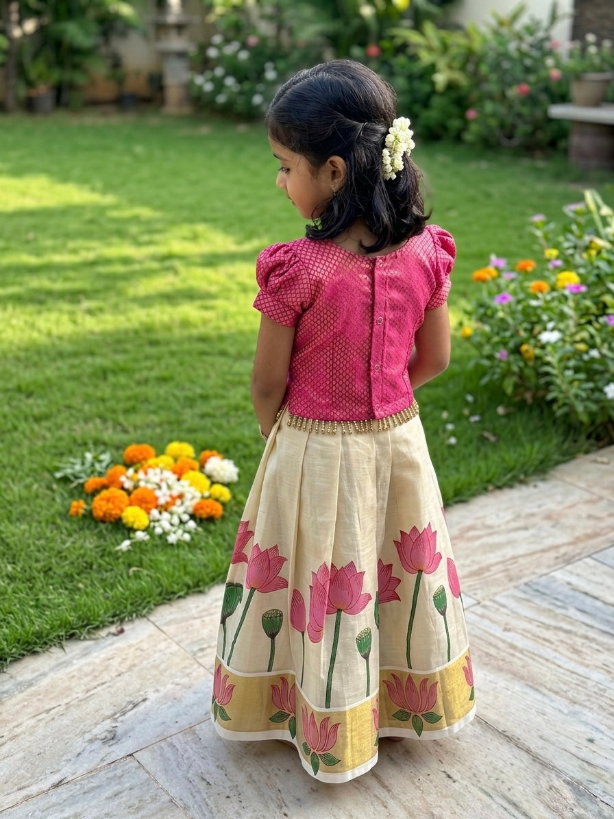Tamara-Pink & light gold ethnic skirt and top for girls