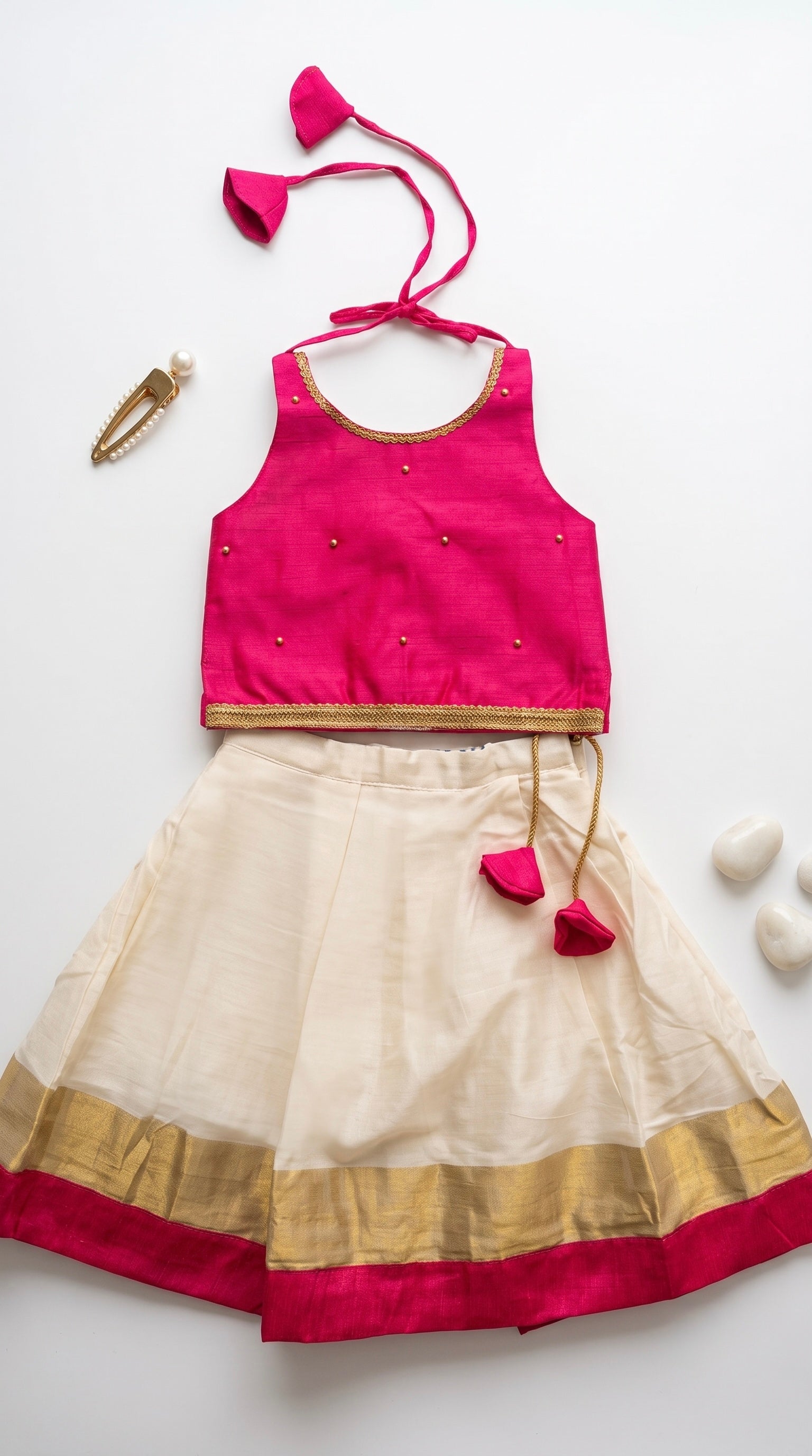 Pink & Ivory halter neck ethnic skirt and top for girls