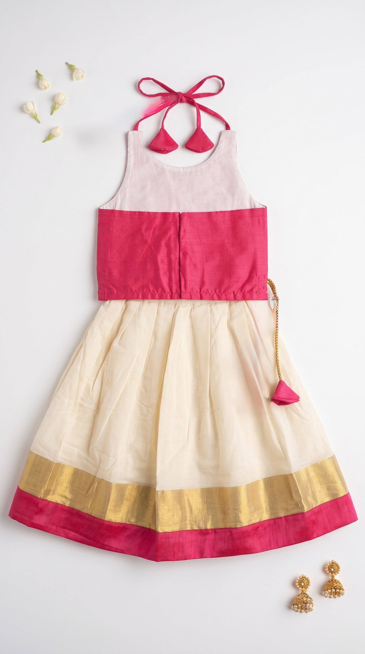 Pink & Ivory halter neck ethnic skirt and top for girls