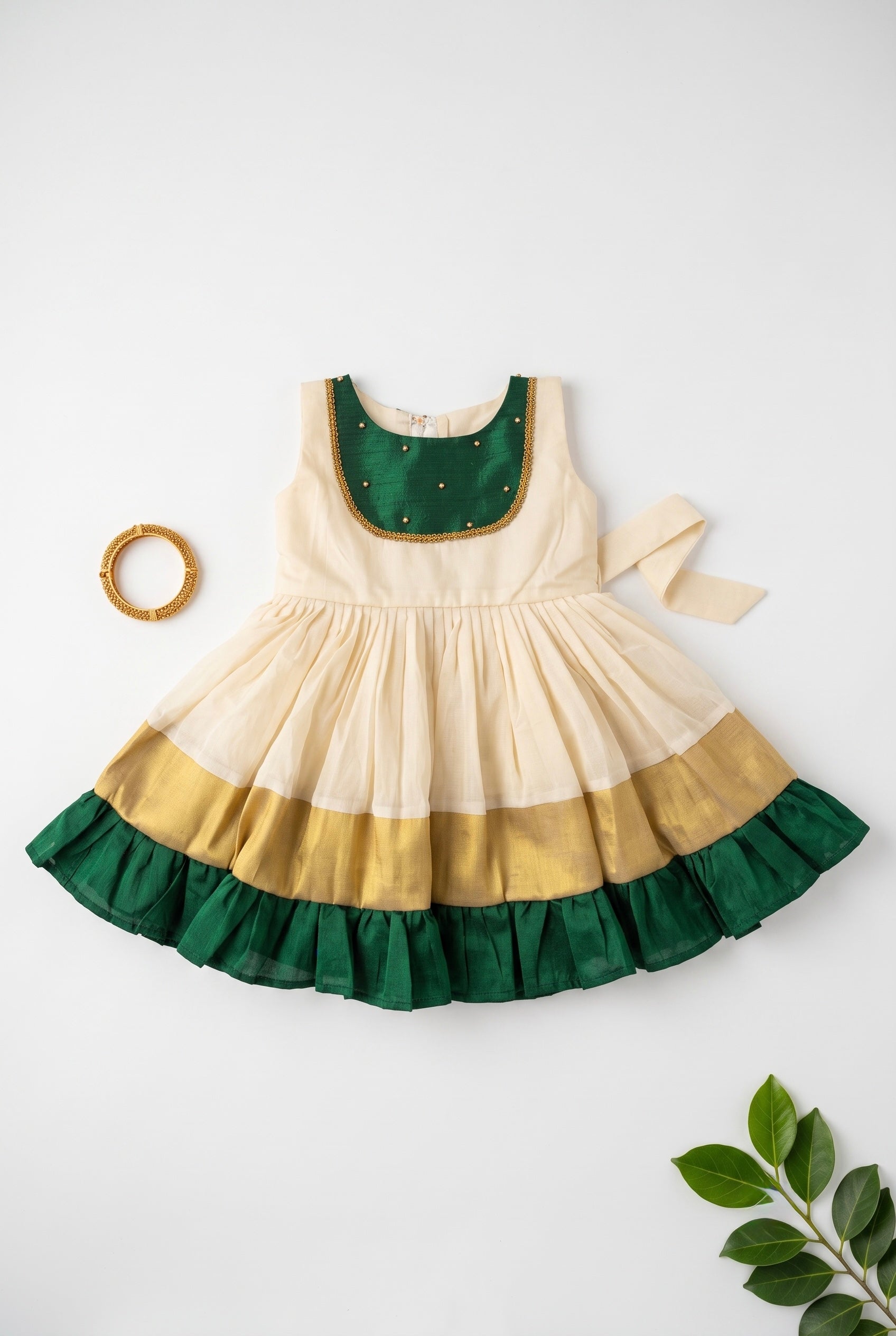 Manjari-Ivory & Green ethnic frock for girls