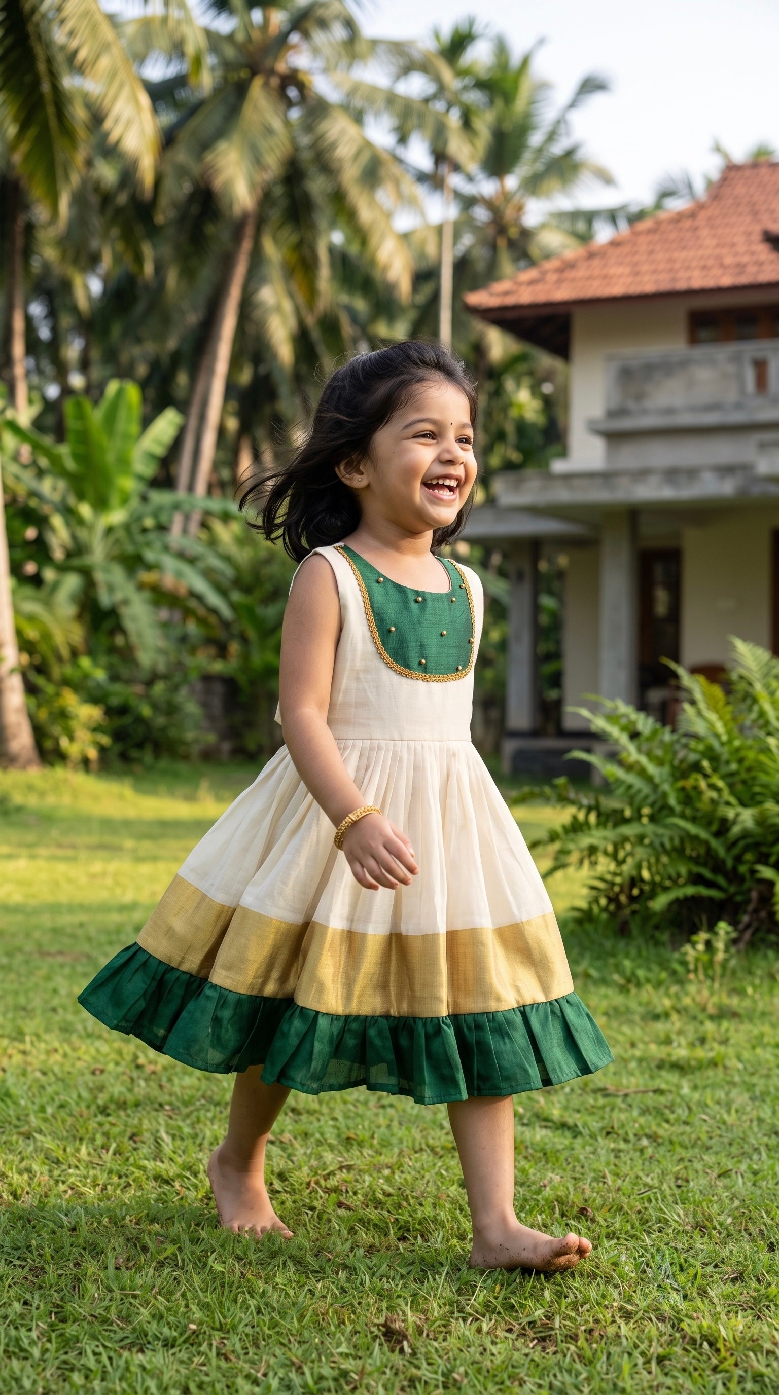 Manjari-Ivory & Green ethnic frock for girls