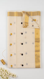 Kerala kasavu saree with printed polka dots
