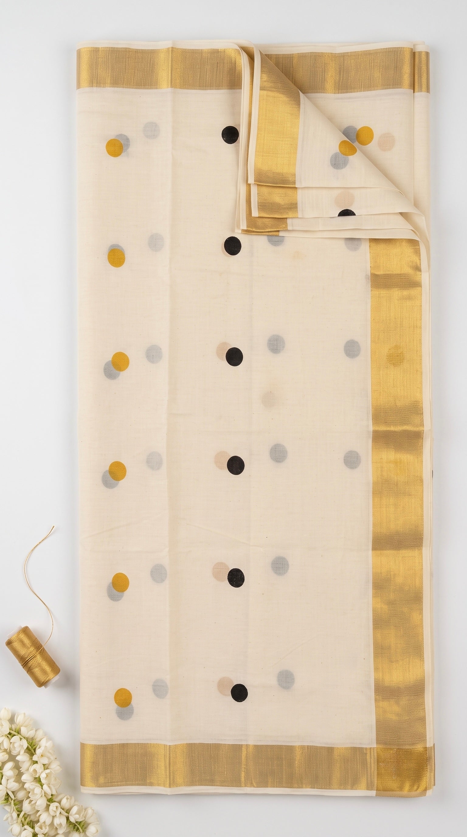 Kerala kasavu saree with printed polka dots