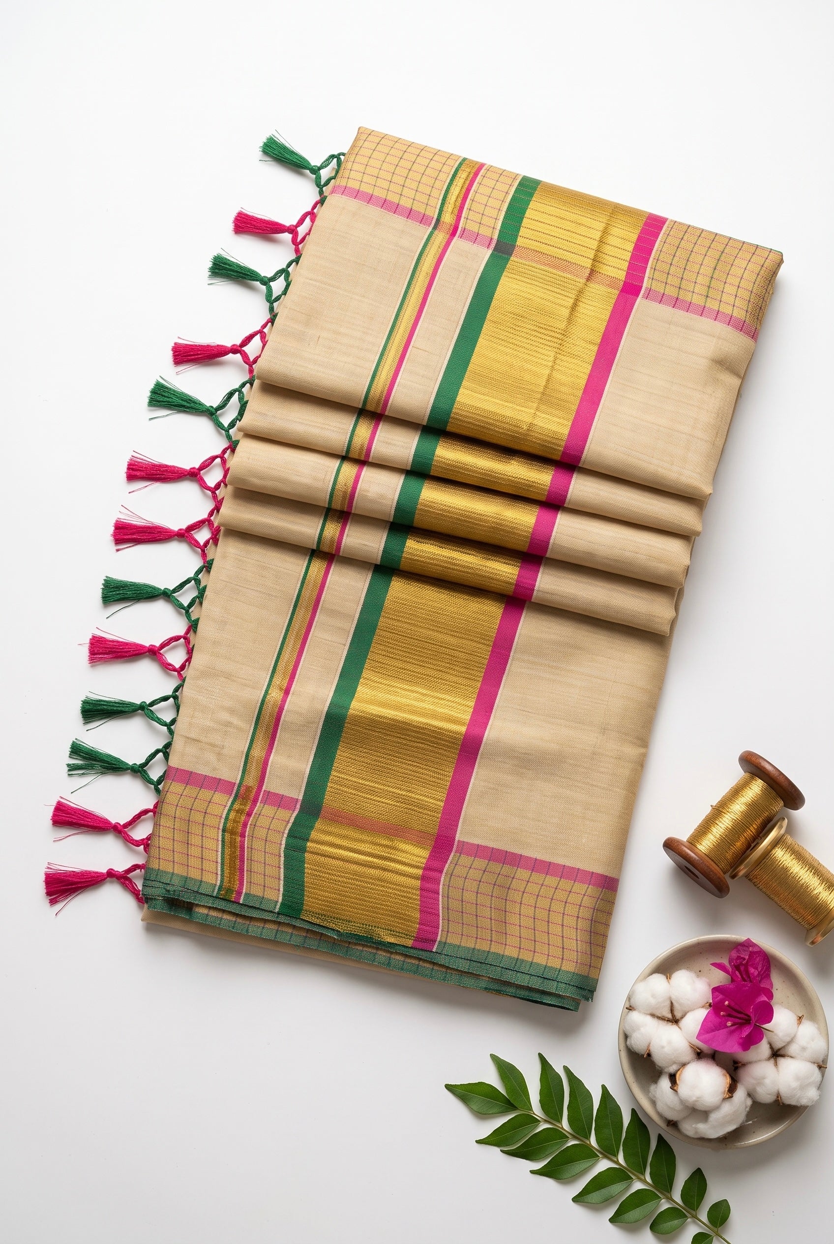 Kerala tissue saree with Checkered Border