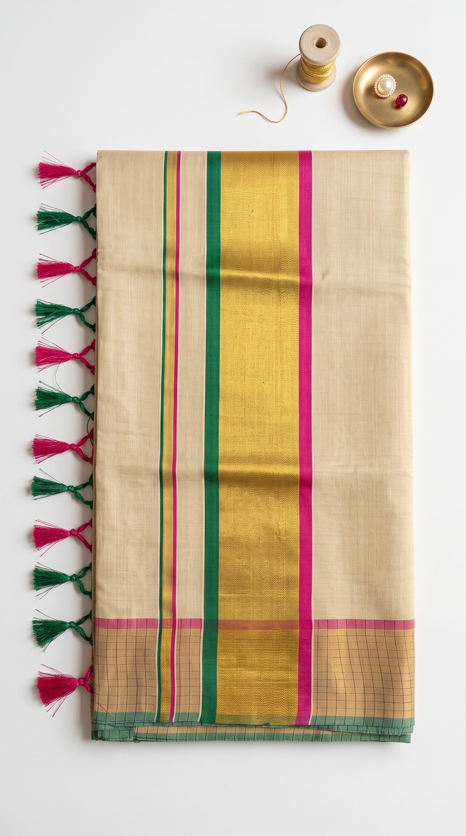 Kerala tissue saree with Checkered Border