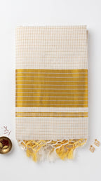 Kerala kasavu saree in silver and gold micro checks pattern