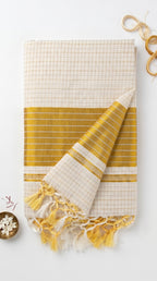 Kerala kasavu saree in silver and gold micro checks pattern