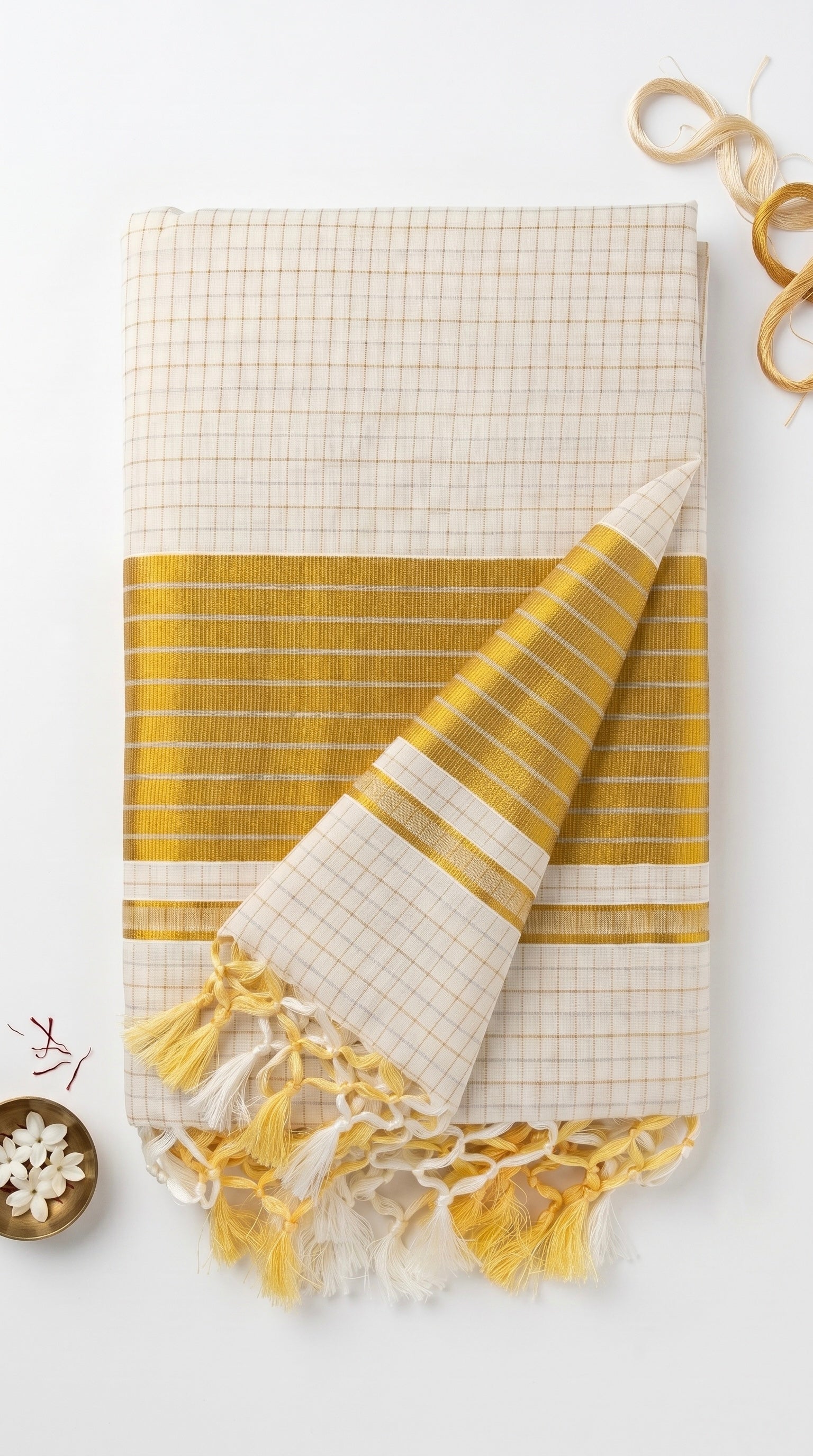 Kerala kasavu saree in silver and gold micro checks pattern
