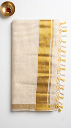 Kerala kasavu saree in silver and gold micro checks pattern