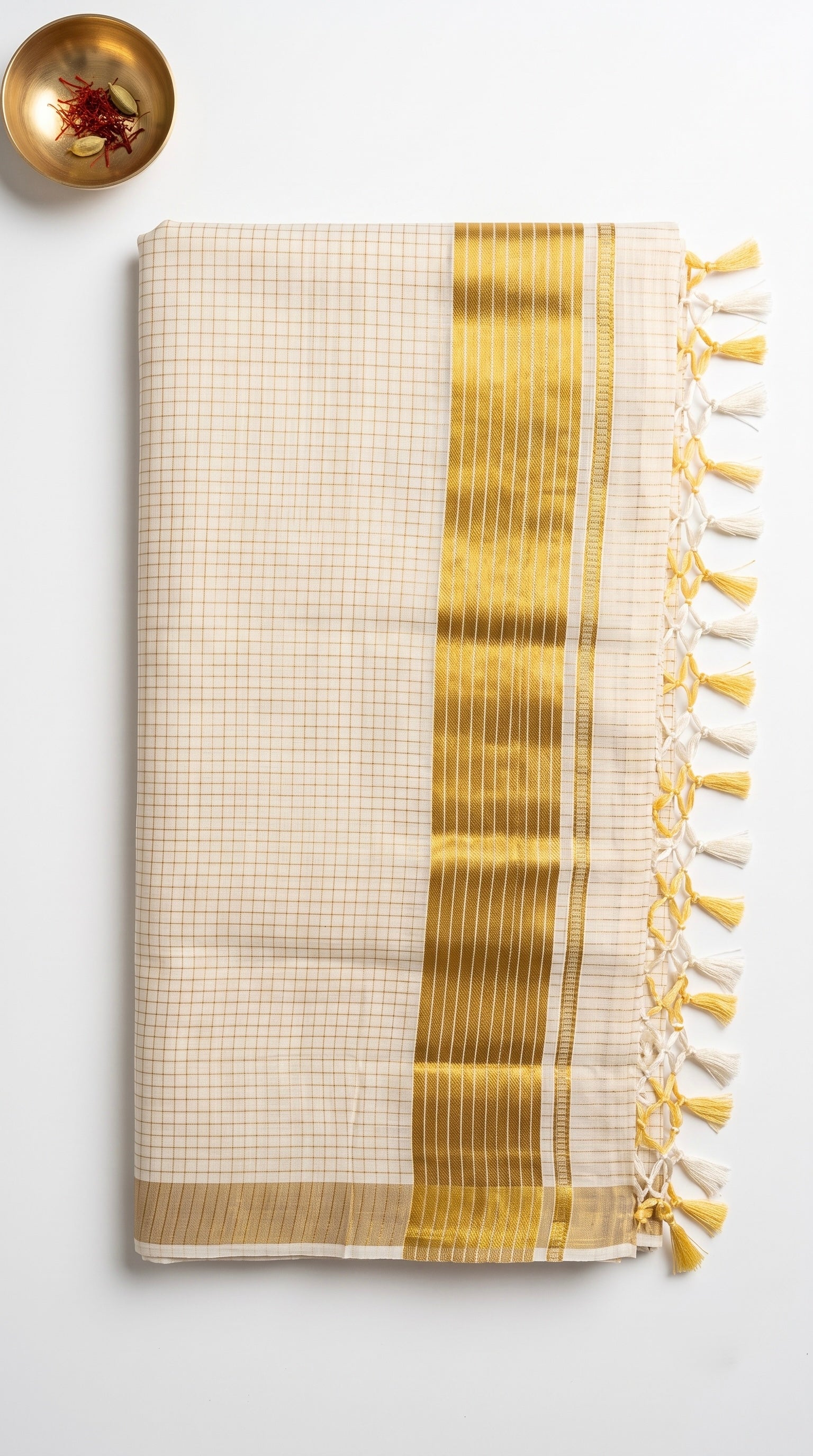 Kerala kasavu saree in silver and gold micro checks pattern